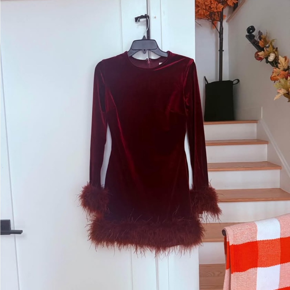 Chic Burgundy Velvet Dress with Feather Trim